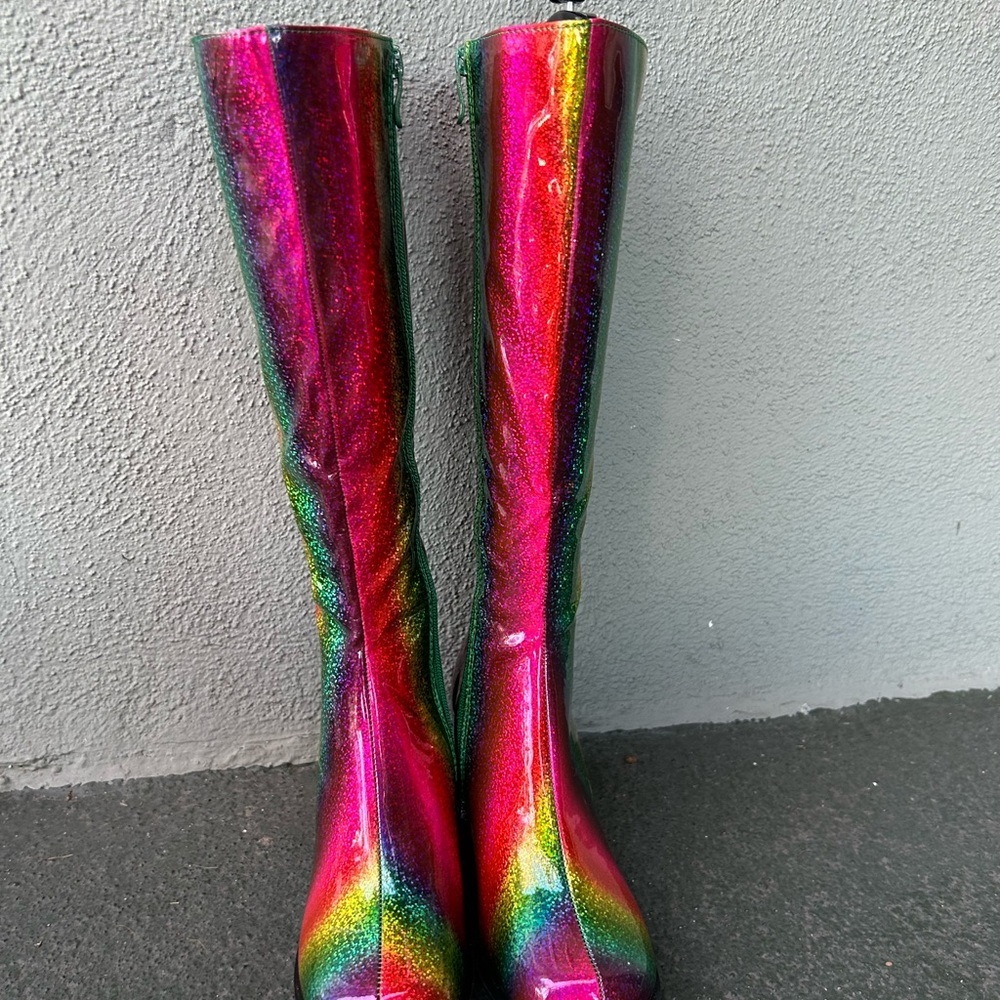 NEW Ellie Glitter Rainbow Go Go Boots Rave Raver EDM Knee High Festival Sz 7 - Picture 6 of 7
